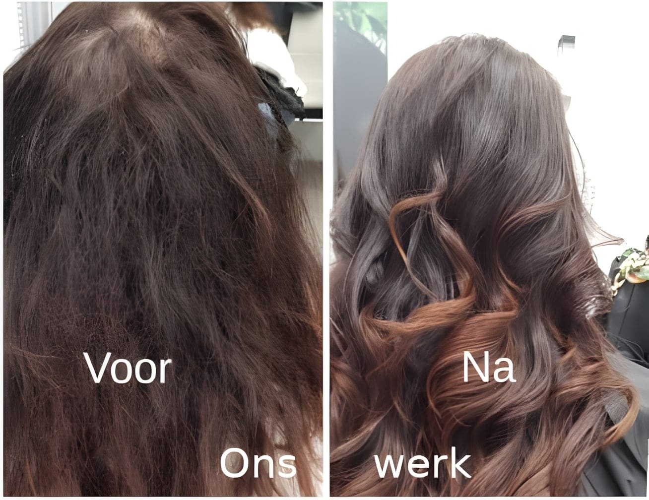 Twee foto's naast elkaar: pluizig haar voor de behandeling en glanzende krullen erna